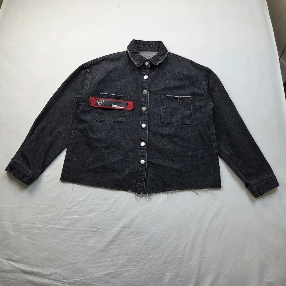 Custom Distressed Black Denim Jacket Black‎ Dog Graphic Grunge Streetwear Size L